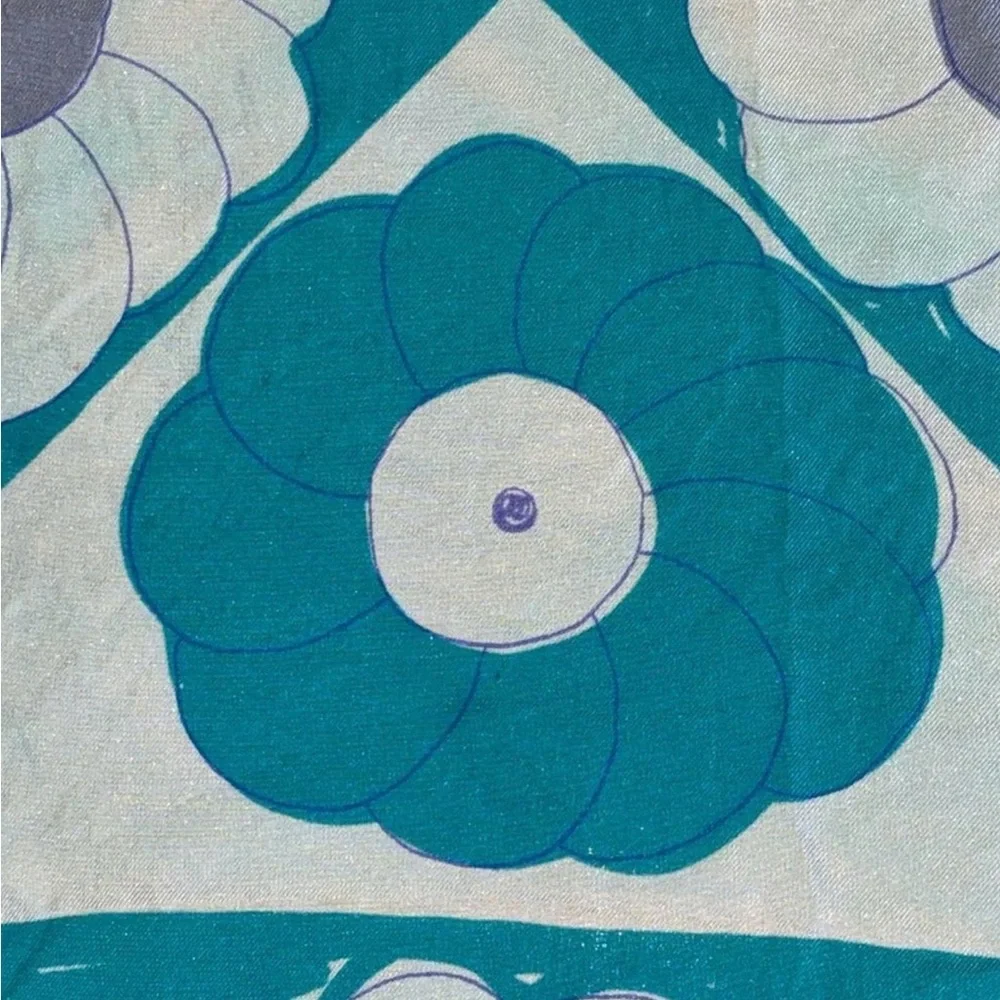 Vintage Vera Neumann Silk Scarf Blue Mod Floral Geometric Signed Hand Rolled